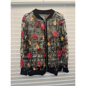 NWOT Sheer Floral Embroidered Mesh Bomber Jacket Black Zip 1XL